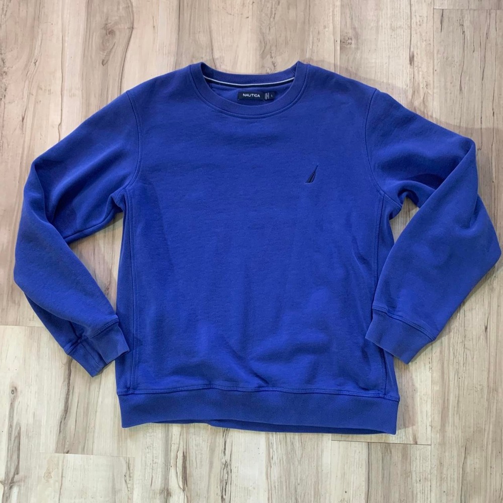 Nautica Mens Blue Long Sleeve Preppy Classic Crewneck Sweater Large Embroidered